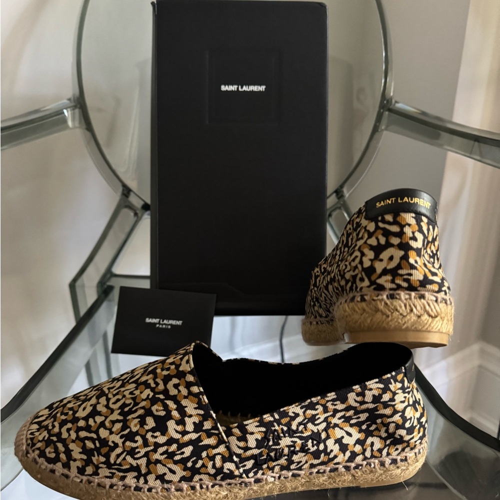 Saint Laurent Animal Print Espadrilles in Black and Tan
